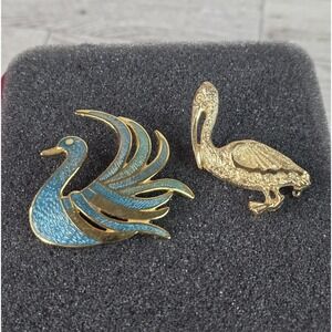 Lot 2 VTG Enamel Gold Tone Blue Swan & Pelican Bird MCM Brooch Pin Art Deco